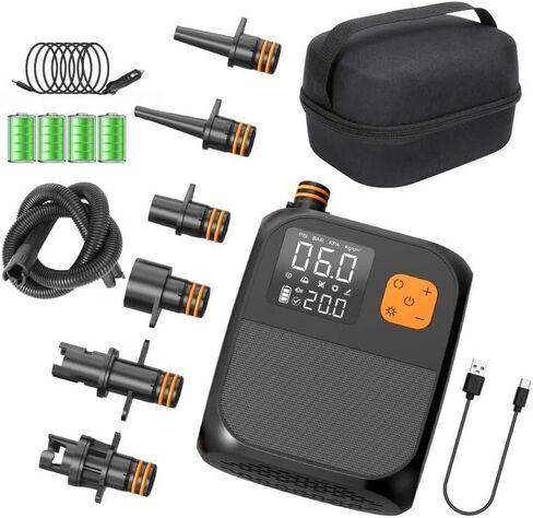 Rechargeable Electric Paddle Board Pump, 25PSI with LED Flashlight, 8000mAh Battery & 12V Car Adapter, Portable Air Pump for Quick Inflation of Paddle Boards, Kayaks, and Tents in Saudi Arabia