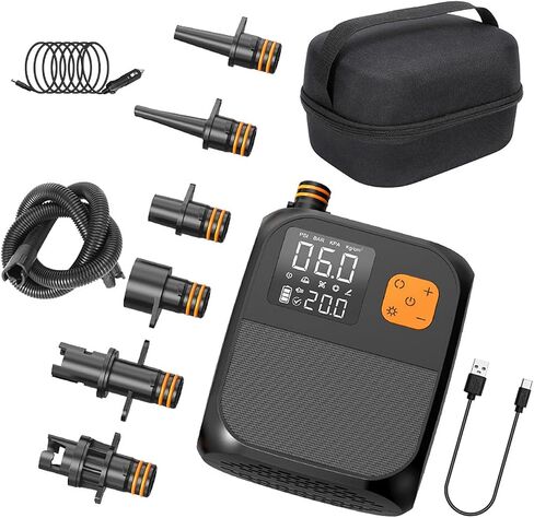 Rechargeable Electric Paddle Board Pump, 25PSI with LED Flashlight, 8000mAh Battery & 12V Car Adapter, Portable Air Pump for Quick Inflation of Paddle Boards, Kayaks, and Tents in Saudi Arabia