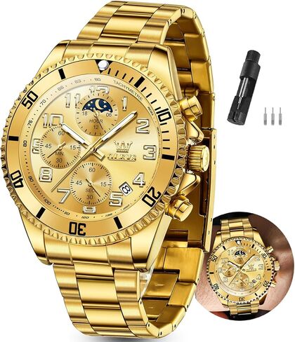 أوليف ساعات الرجال مقاوم للماء فاخر الوجه كبير الرجال مشاهدة الفولاذ المقاوم للصدأ يوم الكوارتز فستان التناظرية الساعات للرجال Relojes de Hombre (الأخضر/الأزرق/الأسود/الذهب) in Kuwait