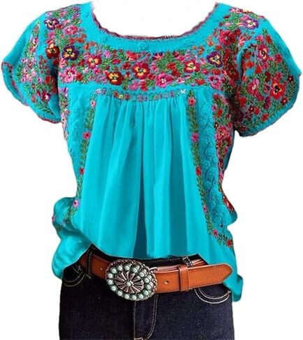 Women's Mexican Floral Embroidered Tops Summer Short Sleeve Pleated Peasant Blouses Casual Loose Crew Neck Shirt in Kuwait