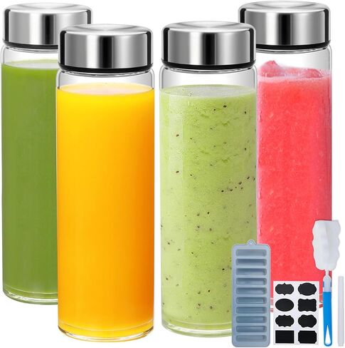 16oz Juice Bottles with Lids,4 Pack Wide Mouth Glass Bottles with Stainless Steel Cap,Reusable Glass Water Bottles for Juicing, Smoothies, Infused Water,Beverage Storage,BPA Free,Leakproof in Kuwait