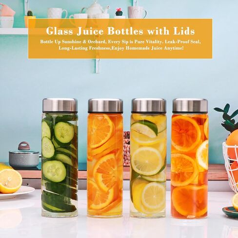 16oz Juice Bottles with Lids,4 Pack Wide Mouth Glass Bottles with Stainless Steel Cap,Reusable Glass Water Bottles for Juicing, Smoothies, Infused Water,Beverage Storage,BPA Free,Leakproof in Kuwait