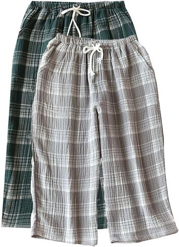 Men's Capri Pajama Pants Thin Cotton Pj Bottoms Plaid Printed Cool Cozy Home Sleep Lounge Pocket in Saudi Arabia