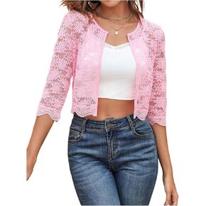 SHENHE Women's Sheer Lace Open Front 3/4 Sleeve Lightweight Cropped Jacket Shrug Bolero in Saudi Arabia