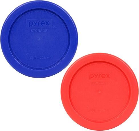 Pyrex 7202-PC 1 Cup (1) Cadet Blue (1) Red Round Plastic Food Storage Lids Made in the USA in Saudi Arabia