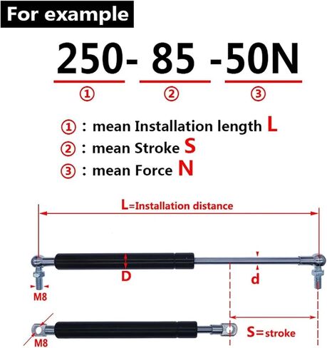 2pcs 18 * 8 Rod Gas Spring Folding Hinge 50N-500N/5kg-50kg Force Lift Support Stroke Distance 85mm Hole Center Distance 250mm(C Type,500N) in Saudi Arabia