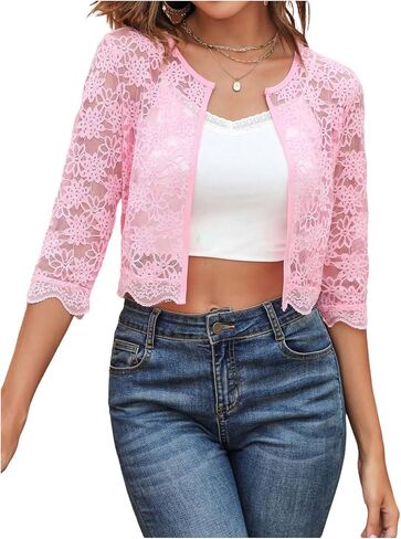 SHENHE Women's Sheer Lace Open Front 3/4 Sleeve Lightweight Cropped Jacket Shrug Bolero in Saudi Arabia