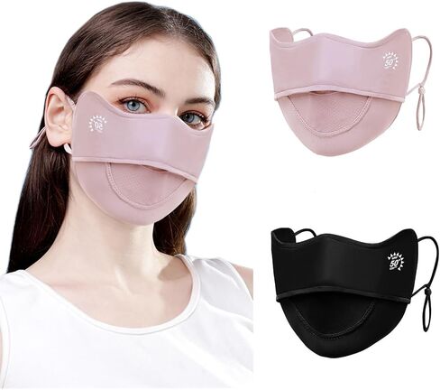 2Pcs UV Face Mask, Sun Masks for Women, Cooling Breathable Face Cover for Outdoors, Washable Reusable (Pink+Gray) in Kuwait