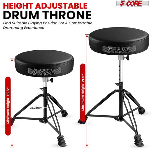 5 CORE Drum Throne 3 Inch Thick Padded Comfortable Guitar Stool Heavy Duty Drummer Chair Height Adjustable Musician Seat for Adults and Kids Black - DS BLKCH BLK in Saudi Arabia