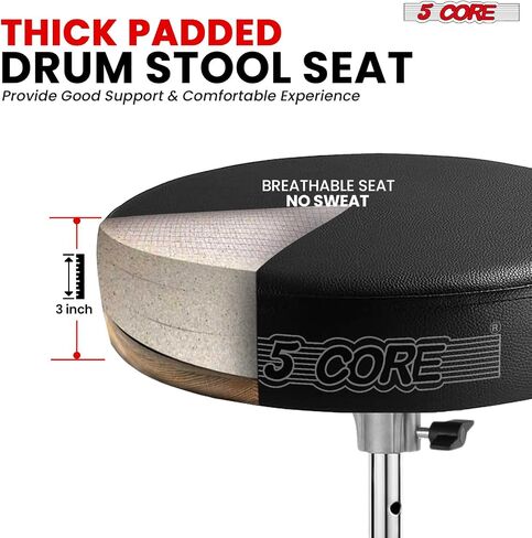 5 CORE Drum Throne 3 Inch Thick Padded Comfortable Guitar Stool Heavy Duty Drummer Chair Height Adjustable Musician Seat for Adults and Kids Black - DS BLKCH BLK in Saudi Arabia