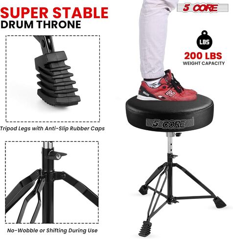 5 CORE Drum Throne 3 Inch Thick Padded Comfortable Guitar Stool Heavy Duty Drummer Chair Height Adjustable Musician Seat for Adults and Kids Black - DS BLKCH BLK in Saudi Arabia