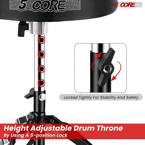 5 CORE Drum Throne 3 Inch Thick Padded Comfortable Guitar Stool Heavy Duty Drummer Chair Height Adjustable Musician Seat for Adults and Kids Black - DS BLKCH BLK in Saudi Arabia