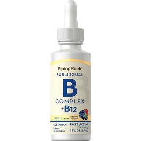 Piping Rock Liquid Vitamin B Complex with B12 | 1200 mcg 2 fl oz | Sublingual Supplement | Berry Flavor Drops | Vegetarian, Non-GMO, Gluten Free