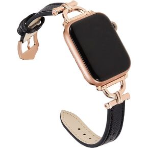Genuine Leather Band Compatible with Apple Watch Women 38mm 40mm 41mm, Designer Slim Leather Strap with D-Shape Rose Gold Metal Buckle for iWatch Series 9 8 SE 7 6 5 4 3 2 1, Black in Kuwait