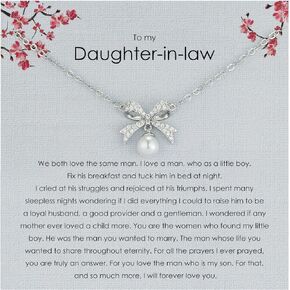 Daughter in Law Necklace Daughter in Law Gifts Daughter in Law Birthday Gifts Rhinestone Silver Bow Knot Pearl Necklace for Daughter in Law