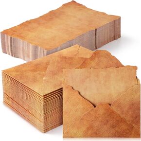 Seajan 100 Sets Antiqued Envelope with Deckle Edge Blank Paper 200 GSM Thick Vintage Envelopes Antique Paper Cotton Watercolor Paper Sheets for Writing Invitations Announcements Crafts (5 x 7 Inch)