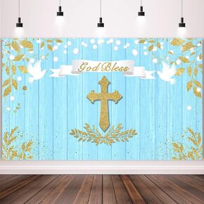 God Bless Baptism Backdrop First Holy Communion Party Decorations Christening Ceremony Newborn Baby Shower Banner Vintage Photography Background Decor Favors, 71'' x 43'' (Blue Gold)