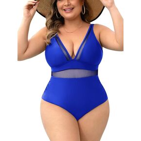 Plus Size Sexy V Neck Mesh Sheer Tummy Control Swimsuit Push Up High Waisted with Adjustable Wide Straps