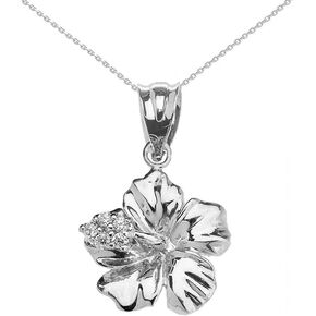 Flower Collection Dainty Sterling Silver CZ Caribbean Hibiscus (Malvaceae) Pendant Necklace