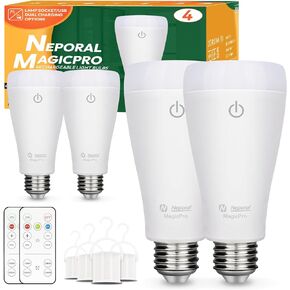 Neporal MAGICPRO Smart Rechargeable Light Bulbs with Remote, USB+Socket Rechargeable Battery Operated Light Bulb for Lamp and Sconces, 2 Hrs Fast Charging Last 5-52 Hrs, 9+3 Colors (‎MagicPro RGB, 2)