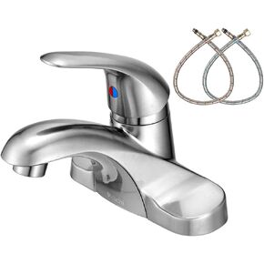 PHICHI 4 inch Centerset Single Handle Brushed Nickel Bathroom Faucet, Low Arc 3 Hole Basin Mixer Tap Vanity Sink Faucets with Hot & Cold Water Supply Lines