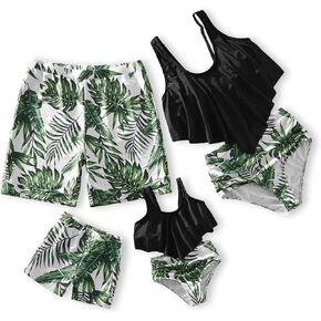IFFEI Family Matching Swimsuits Two Pieces Bikini Tropical Plants Print Matching Swimwear Mommy and Me Bathing Suits Women: L Black-Green