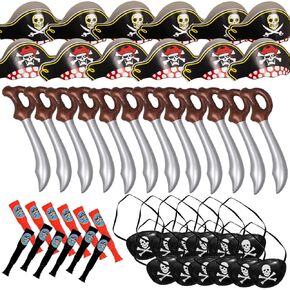 Funny Pirate Party Hats 48 PC Set – Pirate Birthday Party – Pirate Party Favors for Kids - 12 Pirate Hats, 12 Patches, 12 Swords, 12 Telescopes
