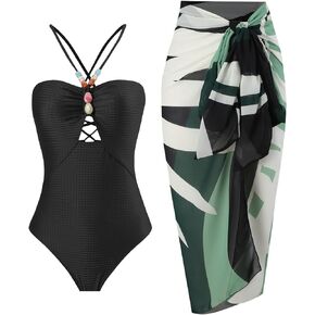 One Piece Swimsuit with Cover Up Set Tummy Control Floral Print Bikini Set Two Piece Beachwear Bathing Suit