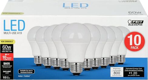 مصابيح إضاءة LED كهربائية A19 من Feit، ما يعادل 60 وات، غير قابلة للتعتيم، 800 لومن، قاعدة قياسية E26، 2700 كيلو أبيض ناعم، 80 CRI، عمر 10 سنوات، كفاءة في استخدام الطاقة، 4 عبوات، A800/827/10KLED/4 in Kuwait