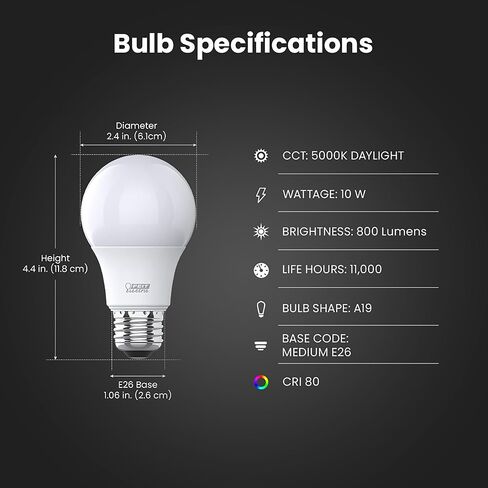 مصابيح إضاءة LED كهربائية A19 من Feit، ما يعادل 60 وات، غير قابلة للتعتيم، 800 لومن، قاعدة قياسية E26، 2700 كيلو أبيض ناعم، 80 CRI، عمر 10 سنوات، كفاءة في استخدام الطاقة، 4 عبوات، A800/827/10KLED/4 in Kuwait
