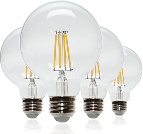 مصابيح إضاءة Great Eagle Lighting Corporation G25 LED Globe، ما يعادل 60 وات، أبيض ناعم 3000 ك، قابل للتعتيم، خيوط زجاجية شفافة عتيقة، 500 لومن، قاعدة E26، مدرج في قائمة UL، (4 عبوات) in Kuwait