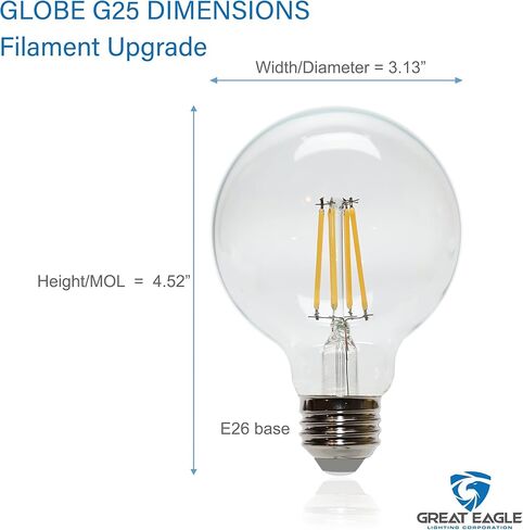 مصابيح إضاءة Great Eagle Lighting Corporation G25 LED Globe، ما يعادل 60 وات، أبيض ناعم 3000 ك، قابل للتعتيم، خيوط زجاجية شفافة عتيقة، 500 لومن، قاعدة E26، مدرج في قائمة UL، (4 عبوات) in Kuwait