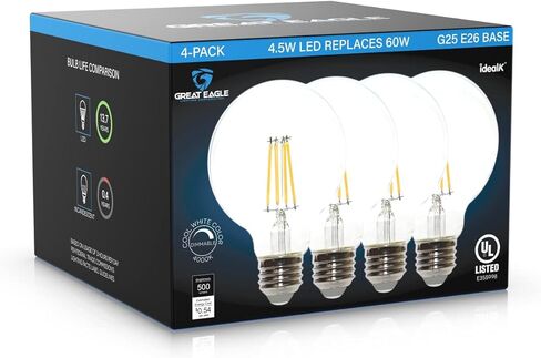مصابيح إضاءة Great Eagle Lighting Corporation G25 LED Globe، ما يعادل 60 وات، أبيض ناعم 3000 ك، قابل للتعتيم، خيوط زجاجية شفافة عتيقة، 500 لومن، قاعدة E26، مدرج في قائمة UL، (4 عبوات) in Kuwait