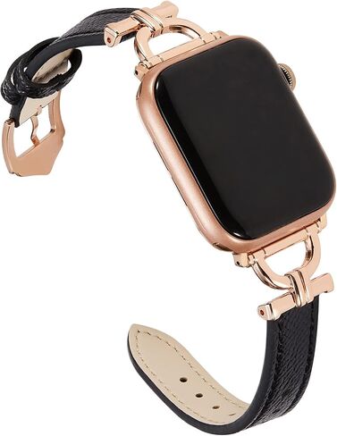 سوار من الجلد الأصلي متوافق مع ساعة Apple Watch النسائية مقاس 38 مم 40 مم 41 مم، حزام جلدي نحيف مصمم مع إبزيم معدني ذهبي وردي على شكل حرف D لساعة iWatch Series 9 8 SE 7 6 5 4 3 2 1، أسود in Kuwait