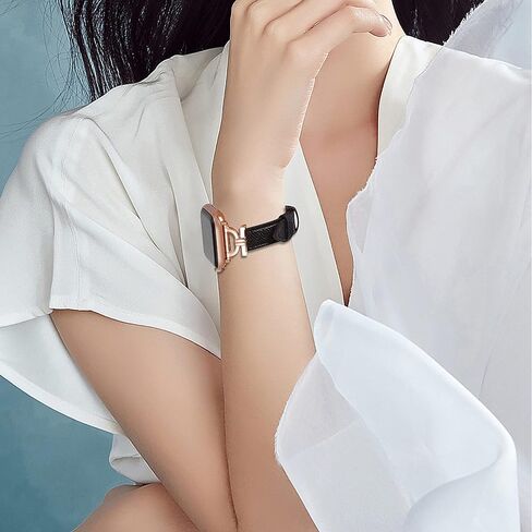 سوار من الجلد الأصلي متوافق مع ساعة Apple Watch النسائية مقاس 38 مم 40 مم 41 مم، حزام جلدي نحيف مصمم مع إبزيم معدني ذهبي وردي على شكل حرف D لساعة iWatch Series 9 8 SE 7 6 5 4 3 2 1، أسود in Kuwait