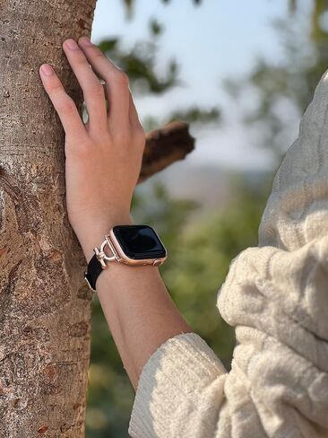 سوار من الجلد الأصلي متوافق مع ساعة Apple Watch النسائية مقاس 38 مم 40 مم 41 مم، حزام جلدي نحيف مصمم مع إبزيم معدني ذهبي وردي على شكل حرف D لساعة iWatch Series 9 8 SE 7 6 5 4 3 2 1، أسود in Kuwait