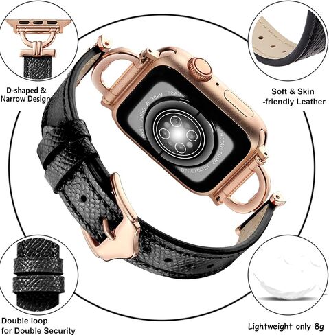 سوار من الجلد الأصلي متوافق مع ساعة Apple Watch النسائية مقاس 38 مم 40 مم 41 مم، حزام جلدي نحيف مصمم مع إبزيم معدني ذهبي وردي على شكل حرف D لساعة iWatch Series 9 8 SE 7 6 5 4 3 2 1، أسود in Kuwait