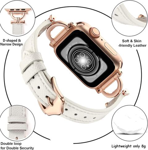سوار من الجلد الأصلي متوافق مع ساعة Apple Watch النسائية مقاس 38 مم 40 مم 41 مم، حزام جلدي نحيف مصمم مع إبزيم معدني ذهبي وردي على شكل حرف D لساعة iWatch Series 9 8 SE 7 6 5 4 3 2 1، أسود in Kuwait