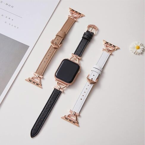 سوار من الجلد الأصلي متوافق مع ساعة Apple Watch النسائية مقاس 38 مم 40 مم 41 مم، حزام جلدي نحيف مصمم مع إبزيم معدني ذهبي وردي على شكل حرف D لساعة iWatch Series 9 8 SE 7 6 5 4 3 2 1، أسود in Kuwait