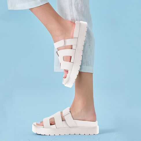 صنادل نسائية ذات نعل سميك مفتوحة من الأمام ونعل سميك ونعل سميك وشريط فيلكرو سهل الارتداء، أحذية صيفية، أبيض، مقاس 6.5 in Kuwait