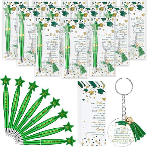 Spakon 24 Sets Class of 2024 Graduation Gifts Include 24 Star Ballpoint Pens 24 Inspirational Acrylic Keychains 24 Bookmarks Opp Bags Cable Ties Graduation Party Favors for Guests Students (Green) in Saudi Arabia
