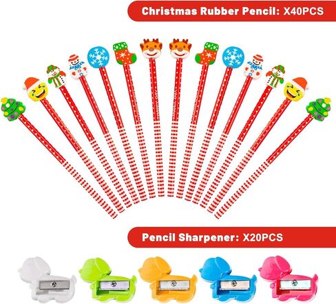 Whaline Christmas Stationery Collection 140 Set 40 Christmas Pencils with Eraser, 20 Christmas Stampers, 60 Xmas Stickers 52 Designs 20 Pencil Sharpeners Gift Party Favors Prize School Supplies in Kuwait