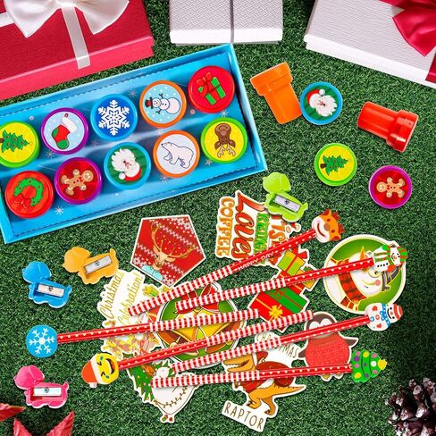 Whaline Christmas Stationery Collection 140 Set 40 Christmas Pencils with Eraser, 20 Christmas Stampers, 60 Xmas Stickers 52 Designs 20 Pencil Sharpeners Gift Party Favors Prize School Supplies in Kuwait
