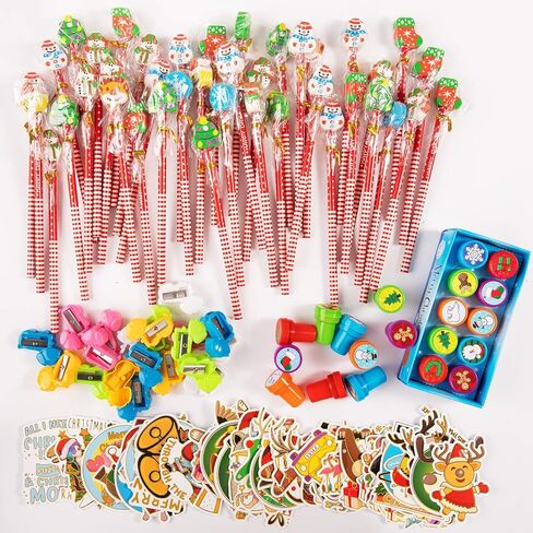 Whaline Christmas Stationery Collection 140 Set 40 Christmas Pencils with Eraser, 20 Christmas Stampers, 60 Xmas Stickers 52 Designs 20 Pencil Sharpeners Gift Party Favors Prize School Supplies in Kuwait