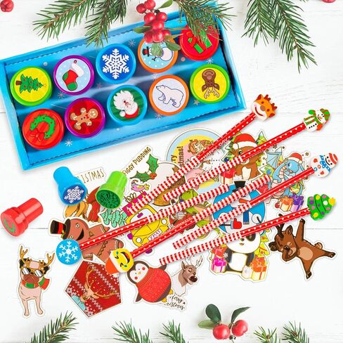 Whaline Christmas Stationery Collection 140 Set 40 Christmas Pencils with Eraser, 20 Christmas Stampers, 60 Xmas Stickers 52 Designs 20 Pencil Sharpeners Gift Party Favors Prize School Supplies in Kuwait