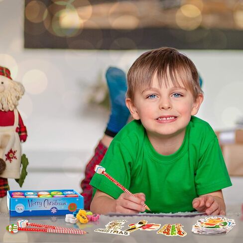 Whaline Christmas Stationery Collection 140 Set 40 Christmas Pencils with Eraser, 20 Christmas Stampers, 60 Xmas Stickers 52 Designs 20 Pencil Sharpeners Gift Party Favors Prize School Supplies in Kuwait