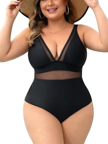 Plus Size Sexy V Neck Mesh Sheer Tummy Control Swimsuit Push Up High Waisted with Adjustable Wide Straps in Saudi Arabia