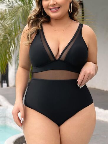Plus Size Sexy V Neck Mesh Sheer Tummy Control Swimsuit Push Up High Waisted with Adjustable Wide Straps in Saudi Arabia