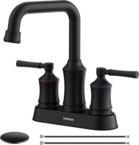 Bathroom Sink Faucet, Hurran Two Handle 4 inch Centerset Bathroom Faucet with Pop-up Drain, 360 Swivel Spout Lead-Free Stainless Steel Sink Faucet for Bathroom Sink, Matte Black in Saudi Arabia