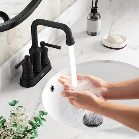Bathroom Sink Faucet, Hurran Two Handle 4 inch Centerset Bathroom Faucet with Pop-up Drain, 360 Swivel Spout Lead-Free Stainless Steel Sink Faucet for Bathroom Sink, Matte Black in Saudi Arabia